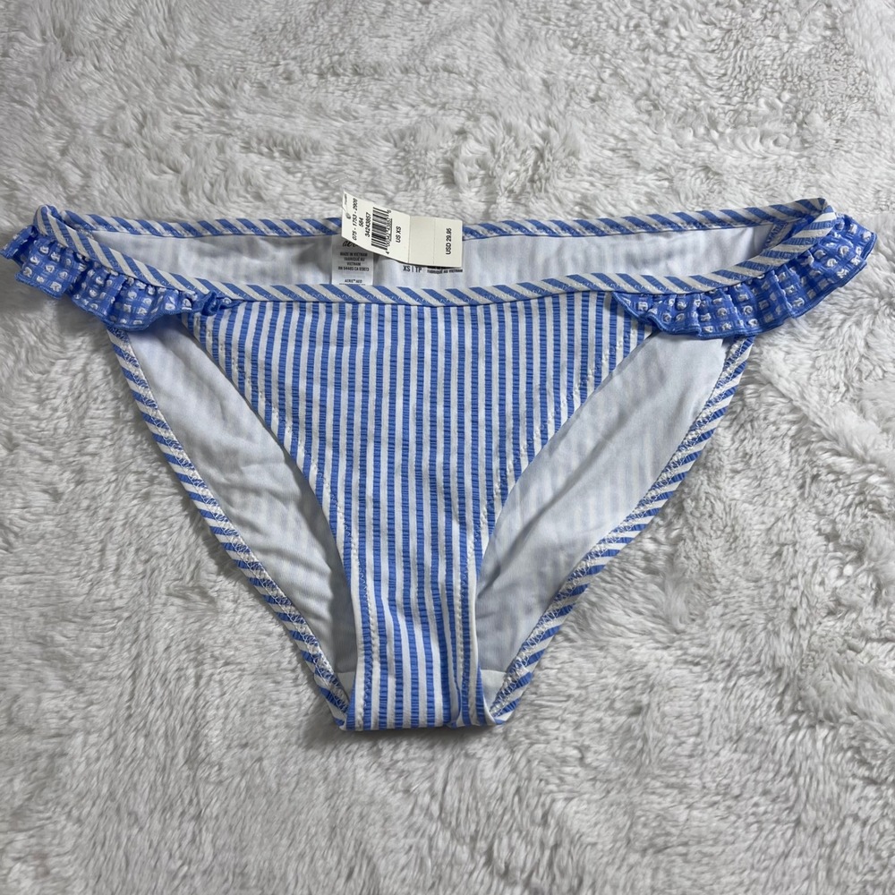 Aerie Blue White Striped Seersucker Ruffle Bikini Bottom XS 075-1753-2909 - Picture 3 of 11